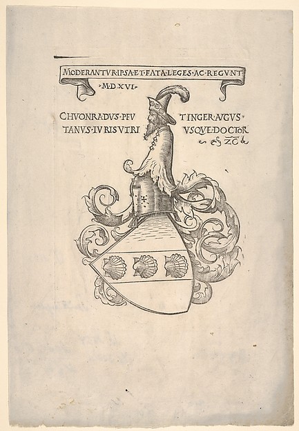 A woodcut coat of arms beneath a Latin inscription.
