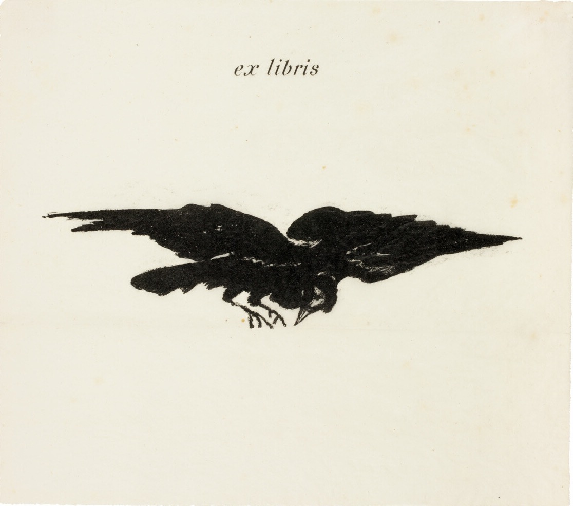 A black raven in flight under the handwritten words ex libris.